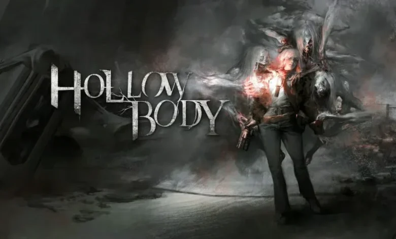 Promotional artwork for the horror game Hollow Body, depicting a survivor surrounded by ghastly, ethereal figures in a dark and smoky environment.