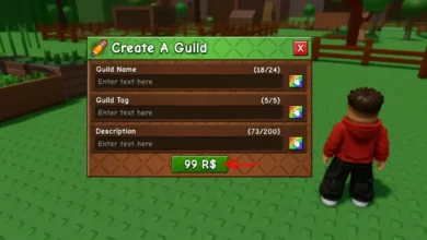A Roblox game's "Create A Guild" menu interface with text input fields and a red arrow pointing to a 99 Robux purchase button.