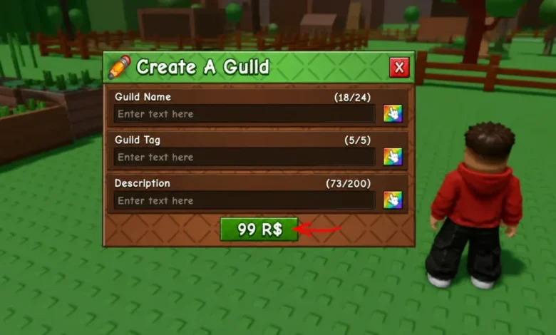 A Roblox game's "Create A Guild" menu interface with text input fields and a red arrow pointing to a 99 Robux purchase button.