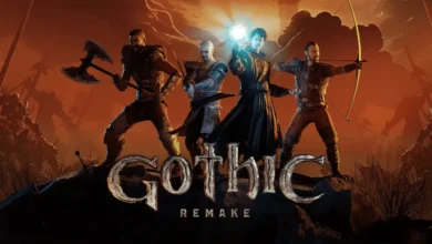 Promotional artwork for the video game Gothic Remake, featuring four fantasy warriors standing heroically against a dramatic, fiery sunset.