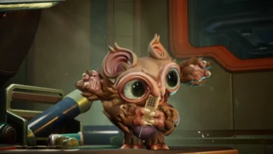 A small, wide-eyed furry creature holds a golden rectangular object in a futuristic, industrial setting.