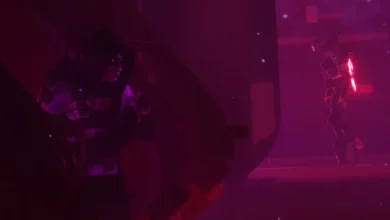 A hooded character hides in the shadows, observing a glowing robotic guard in a futuristic, red-lit environment.