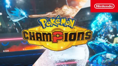The Pokémon Champions logo is superimposed over a montage of high-action Pokémon battles, featuring a Mega Charizard X and a Terastallized Pokémon.
