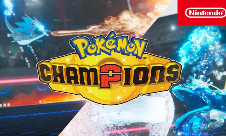 The Pokémon Champions logo is superimposed over a montage of high-action Pokémon battles, featuring a Mega Charizard X and a Terastallized Pokémon.