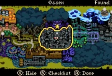 Pixel-art world map for the video game "Ossex" featuring various themed regions and a highlighted central city.