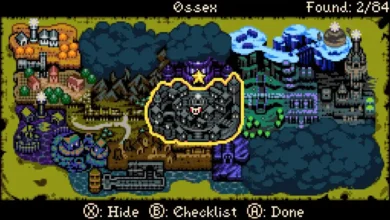 Pixel-art world map for the video game "Ossex" featuring various themed regions and a highlighted central city.