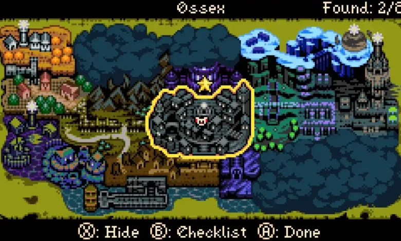 Pixel-art world map for the video game "Ossex" featuring various themed regions and a highlighted central city.