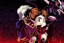 Three stylized anthropomorphic characters—a mouse-like hero in a red coat, a large purple beast, and a winged bat—pose against a dark, skull-patterned background.