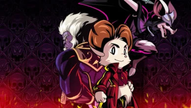 Three stylized anthropomorphic characters—a mouse-like hero in a red coat, a large purple beast, and a winged bat—pose against a dark, skull-patterned background.