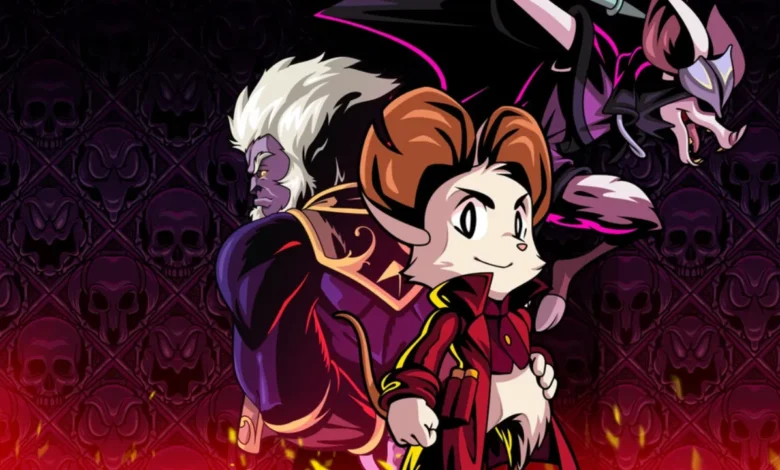 Three stylized anthropomorphic characters—a mouse-like hero in a red coat, a large purple beast, and a winged bat—pose against a dark, skull-patterned background.