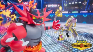Incineroar and Kommo-o pose for battle in a vibrant, futuristic stadium for a Pokémon Champions event.