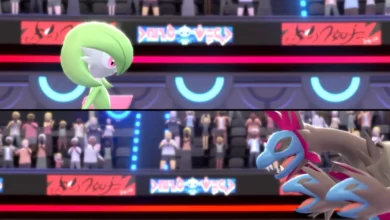 A split-screen view of Gardevoir and Hydreigon facing off during a Pokémon battle in a crowded stadium.