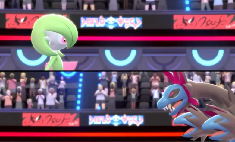 A split-screen view of Gardevoir and Hydreigon facing off during a Pokémon battle in a crowded stadium.