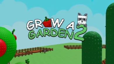 Title logo for the game "Grow A Garden 2" displayed over a bright, blocky 3D landscape of garden plots and cacti.