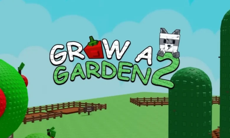 Title logo for the game "Grow A Garden 2" displayed over a bright, blocky 3D landscape of garden plots and cacti.