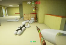 First-person perspective of a minimalist video game featuring white, marshmallow-like characters lying prone with colorful rifles in a surreal, yellow-walled room.
