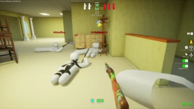 First-person perspective of a minimalist video game featuring white, marshmallow-like characters lying prone with colorful rifles in a surreal, yellow-walled room.
