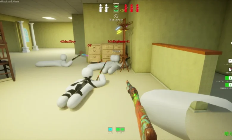 First-person perspective of a minimalist video game featuring white, marshmallow-like characters lying prone with colorful rifles in a surreal, yellow-walled room.
