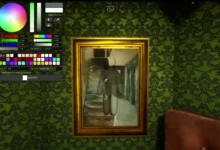 A painting simulator interface with digital art tools overlays a framed artwork of a humanoid figure in a hallway, set against green patterned wallpaper.