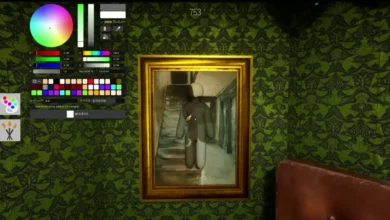 A painting simulator interface with digital art tools overlays a framed artwork of a humanoid figure in a hallway, set against green patterned wallpaper.