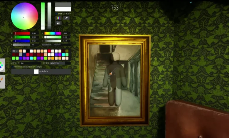 A painting simulator interface with digital art tools overlays a framed artwork of a humanoid figure in a hallway, set against green patterned wallpaper.
