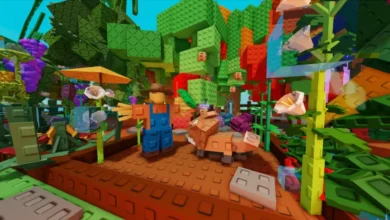 A blocky farmer and fox stand in a vibrant garden landscape constructed entirely from interlocking plastic building blocks.
