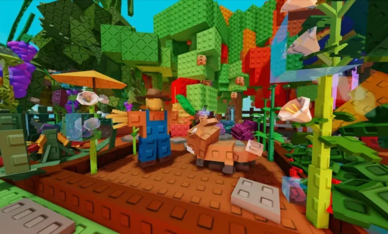A blocky farmer and fox stand in a vibrant garden landscape constructed entirely from interlocking plastic building blocks.