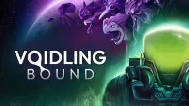 Promotional artwork for the game "Voidling Bound," featuring monstrous purple aliens and a glowing green-visored mechanical helmet against a cosmic backdrop.