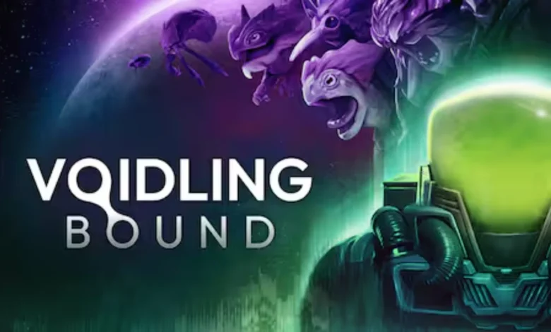 Promotional artwork for the game "Voidling Bound," featuring monstrous purple aliens and a glowing green-visored mechanical helmet against a cosmic backdrop.