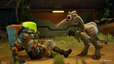 A space explorer with a glowing green helmet sits on the ground as a curious, wide-eyed alien bird leans in to inspect them.