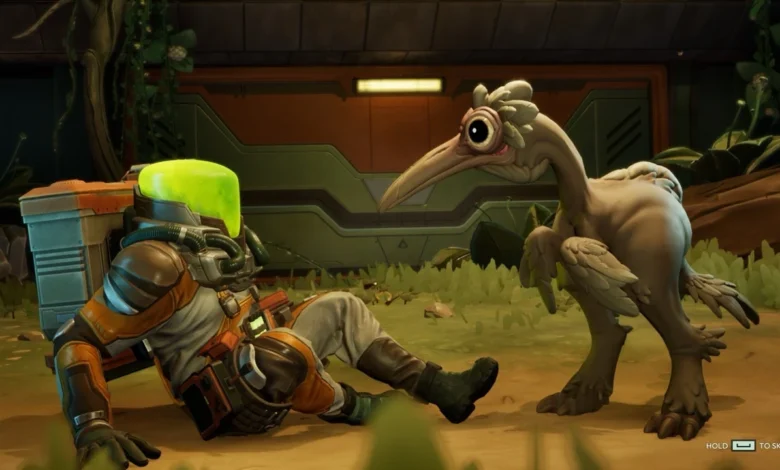 A space explorer with a glowing green helmet sits on the ground as a curious, wide-eyed alien bird leans in to inspect them.