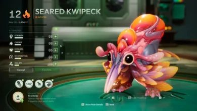 A video game interface displaying the attributes and appearance of a vibrant, mutated bird-like creature named Seared Kwipeck.
