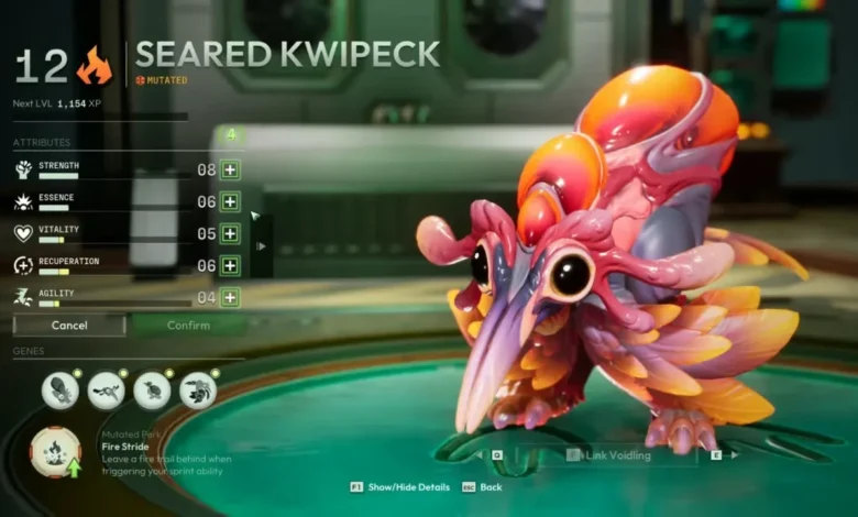 A video game interface displaying the attributes and appearance of a vibrant, mutated bird-like creature named Seared Kwipeck.