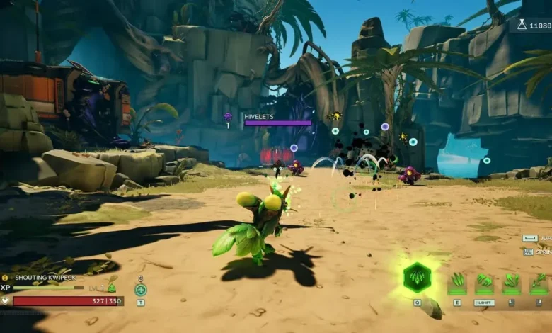 A third-person video game screenshot of a green, feathered creature battling small purple enemies in a vibrant, tropical alien landscape.