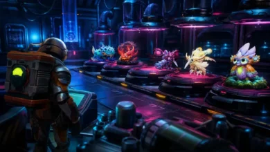 An astronaut observes five unique, colorful alien creatures displayed on glowing platforms in a futuristic laboratory.