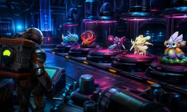 An astronaut observes five unique, colorful alien creatures displayed on glowing platforms in a futuristic laboratory.