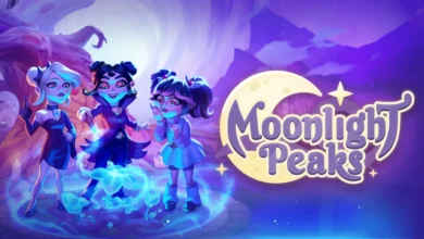 Three stylized characters gather around glowing magical plants in a purple moonlit landscape next to the "Moonlight Peaks" logo.