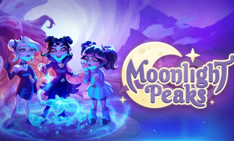 Three stylized characters gather around glowing magical plants in a purple moonlit landscape next to the "Moonlight Peaks" logo.