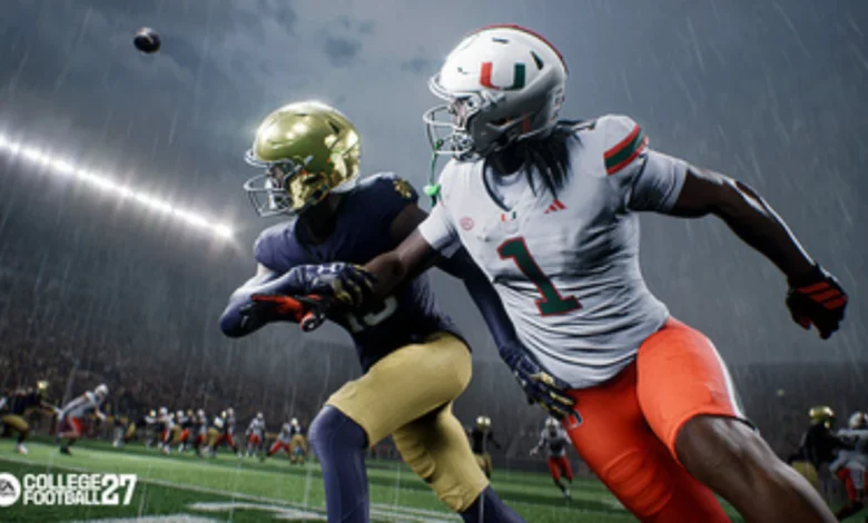 A Miami Hurricanes player and a Notre Dame player compete for a football in the rain during a night game in EA Sports College Football 25.