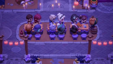 Ten cartoon characters gather for a festive meal at decorated tables in a Halloween-themed video game setting.
