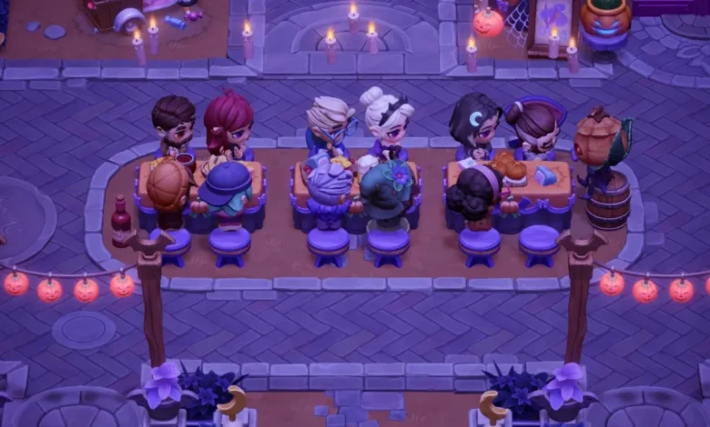 Ten cartoon characters gather for a festive meal at decorated tables in a Halloween-themed video game setting.