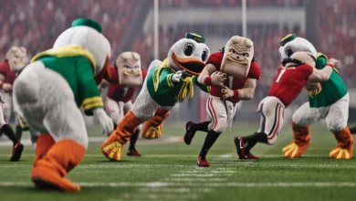 Georgia Bulldog and Oregon Duck mascots compete in a football game on a stadium field.