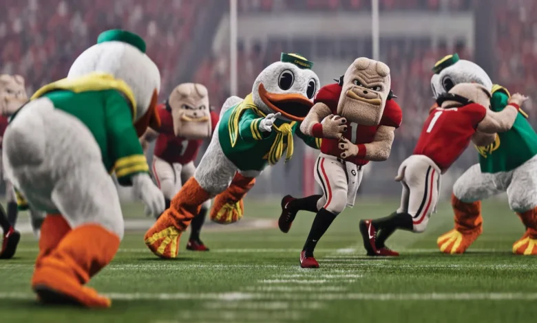 Georgia Bulldog and Oregon Duck mascots compete in a football game on a stadium field.