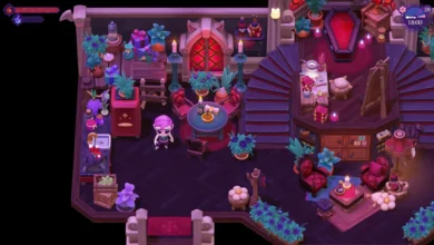A purple-haired video game character stands in a cozy, gothic-themed room filled with dark furniture, vibrant purple plants, and a red-lined coffin.