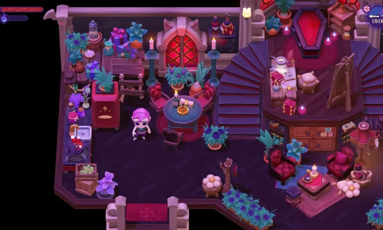 A purple-haired video game character stands in a cozy, gothic-themed room filled with dark furniture, vibrant purple plants, and a red-lined coffin.