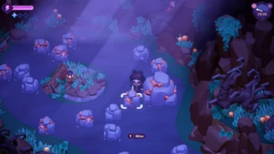 A video game character stands among glowing mining nodes in a dimly lit, purple-hued cave.