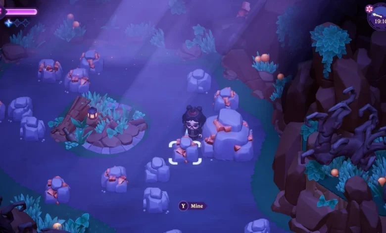 A video game character stands among glowing mining nodes in a dimly lit, purple-hued cave.