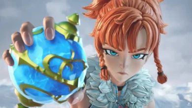 An animated character with vibrant orange hair holds a glowing blue and gold orb toward the viewer with a determined expression.