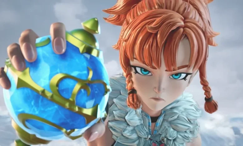 An animated character with vibrant orange hair holds a glowing blue and gold orb toward the viewer with a determined expression.