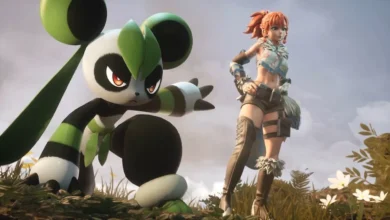 A red-haired woman stands behind a green and white panda-like creature crouched in a grassy field.